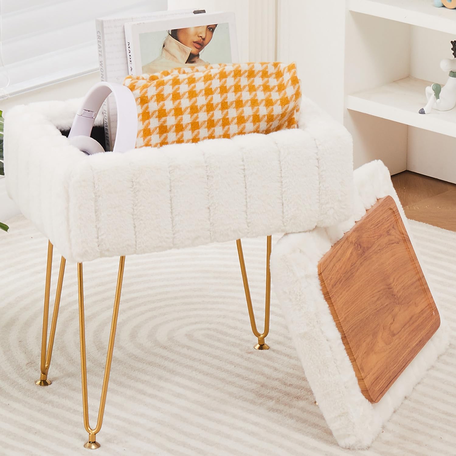 Photo 1 of Wimarsbon Storage Ottoman, Vanity Stools with Metal Legs, 16.5" x 11.8" x 18" Modern Faux Mink Fur Footstool, Makeup Chair with Anti-Slip Feet, Accent Table,Footrest,Storage Bench for Bedroom