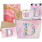 Personalized Gifts Monogrammed Birthday Gifts for Women, Niece Auntie Boss Teacher Appreciation Christmas Initial Wine Tumbler Makeup Bag Scented Candle Bracelet Set, (Aesthetic Pink Flower D)