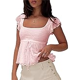 Women Y2k Lace Ruffle Shirt Cap Sleeve Square Neck Tie Up Flowy Layered Babydoll Tank Top Summer Coquette Streetwear