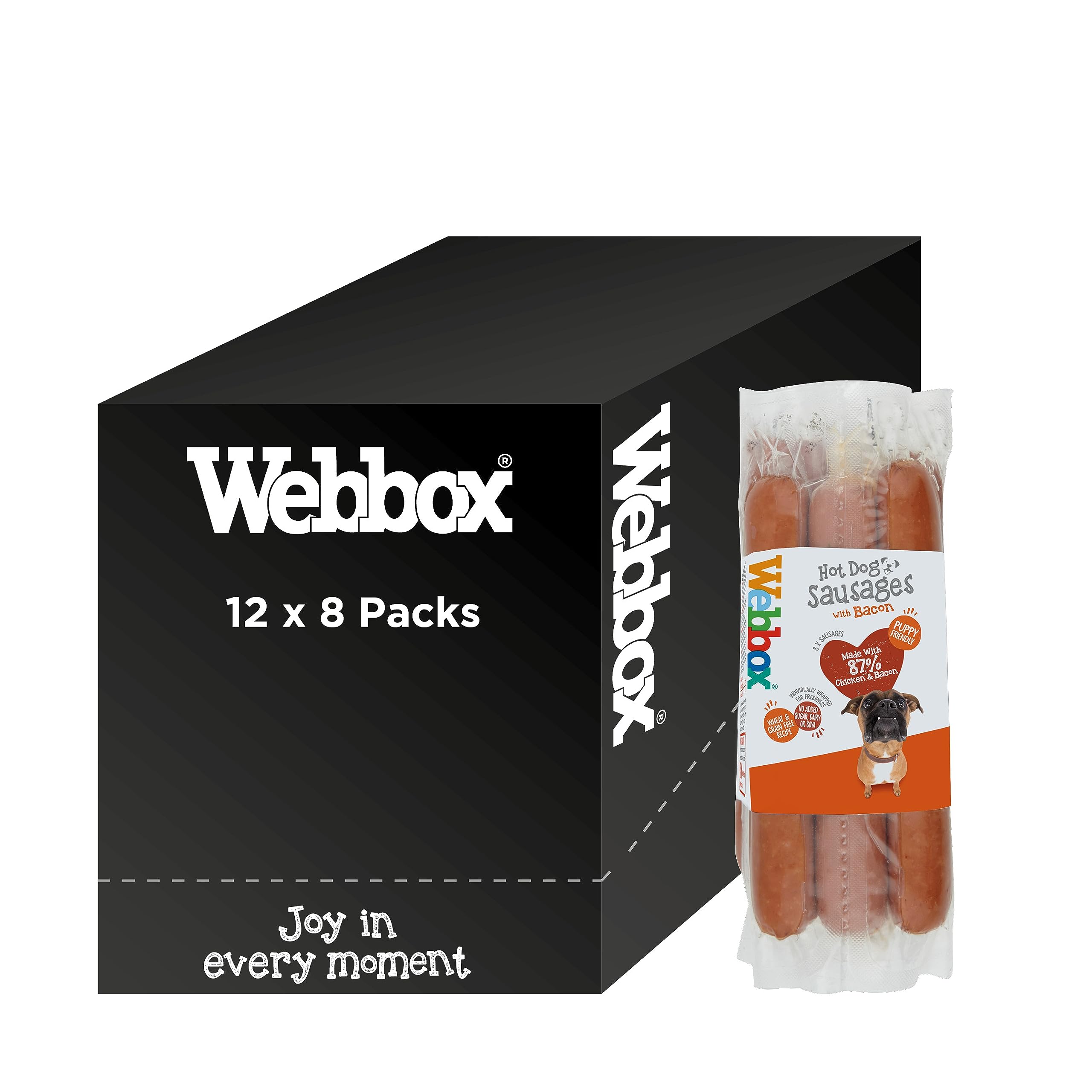 Webbox Hot Dog Sausages Dog Treats - Puppy Friendly, Individually Wrapped for Freshness, No Artificial Colours, Wheat and Grain Free (12 x 8 Packs)