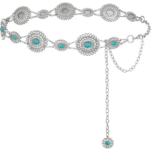 Silver Turquoise Western Boho Chain Belt Abby Turquoise Western Chain Belt – The Bevel Label main image 4