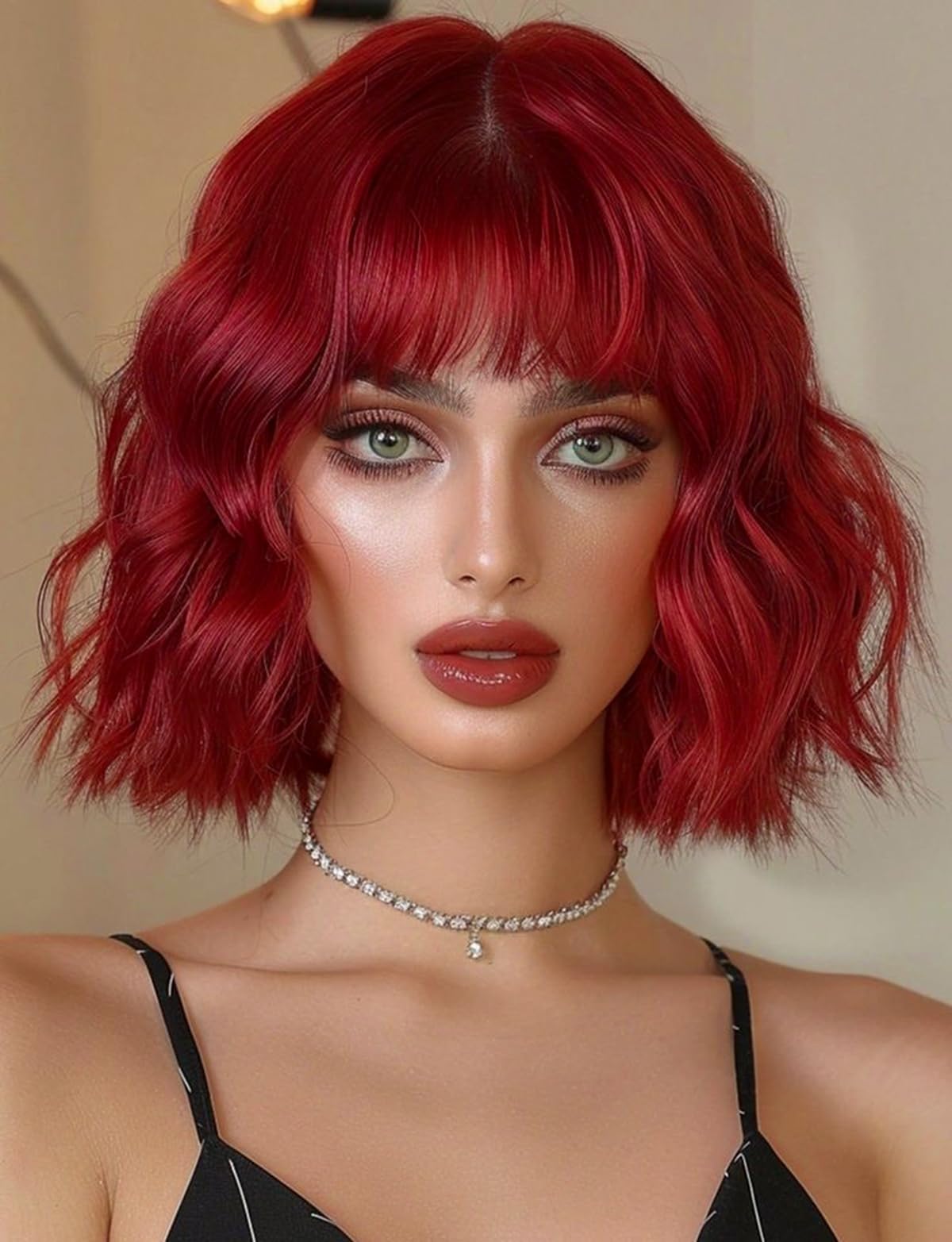ISAMY Short Bob Wigs With Air Bangs Shoulder Length Women's Wig Bob Curly Wavy Synthetic Cosplay Wig for Girls Daily Use Colorful Wigs (Red)