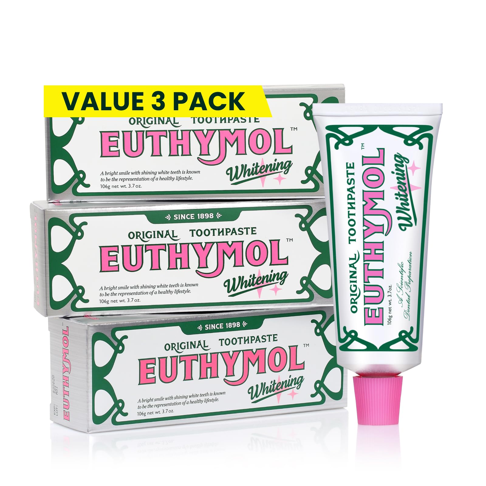 Photo 1 of EUTHYMOL Whitening Toothpaste (3.7fl oz*3, Pack of 3) - Stain Removal in 2 Weeks, Long-Lasting Freshness for Sensitive Gum & Teeth. Bad Breath, Cavity Prevention. Recyclable Aluminum Tube