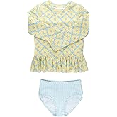 RuffleButts Baby/Toddler Girls Scalloped Long Sleeve Rash Guard 2-Piece UPF50+ Sun Protected Swimsuit