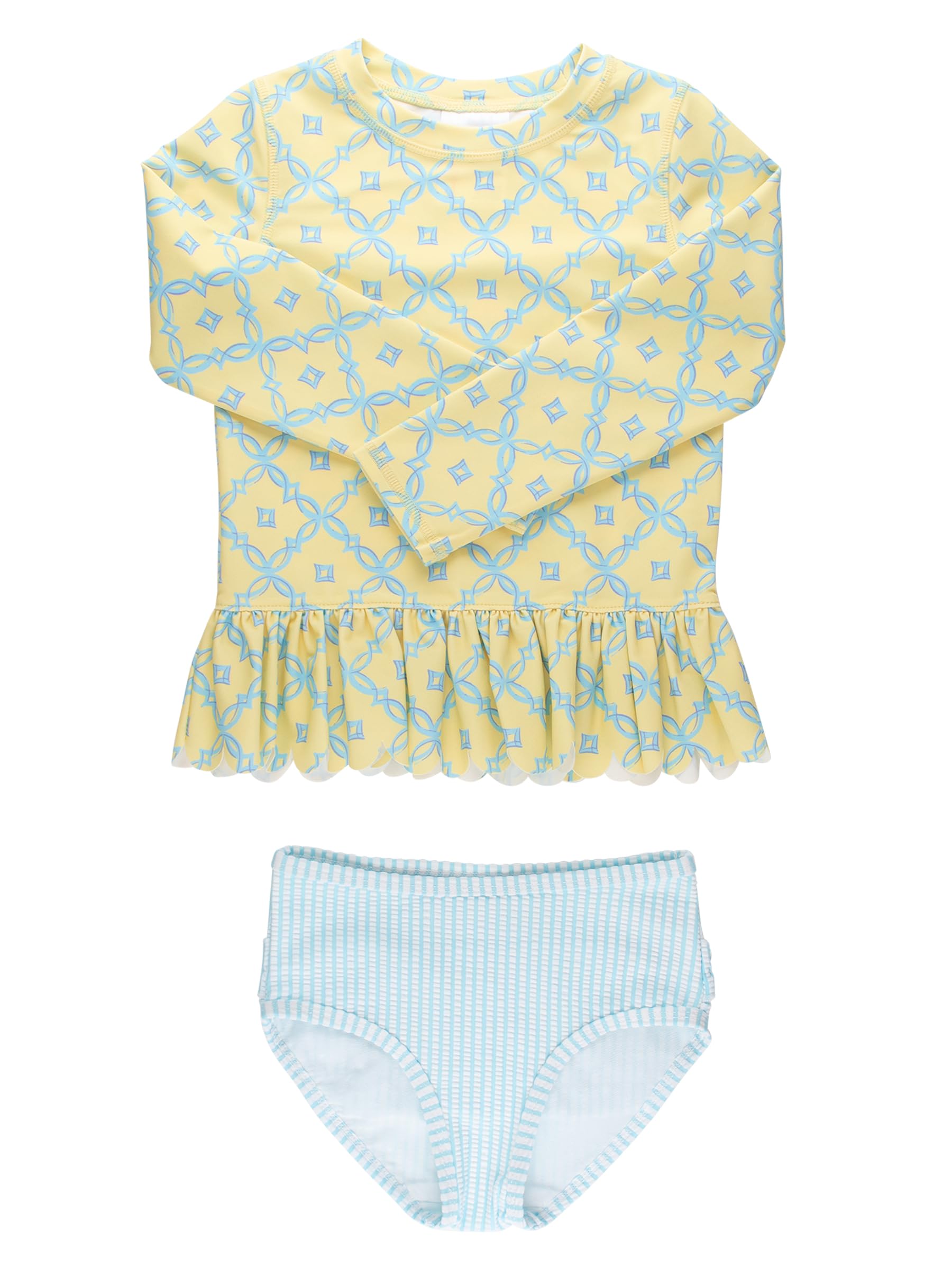 RuffleButts Baby/Toddler Girls Scalloped Long Sleeve Rash Guard 2-Piece UPF50+ Sun Protected Swimsuit - Banana Coastal Charm, 6 Image