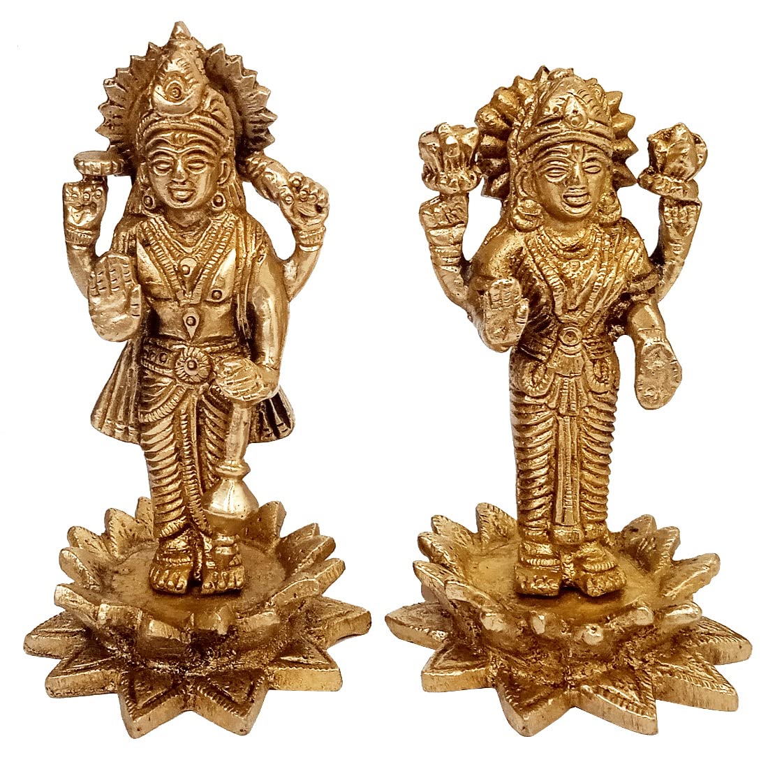 Purpledip Purledip Brass Idols Vishnu Laxmi On Lotus: Glorious Statue Set For Home Temple Or Display Collection (12644)