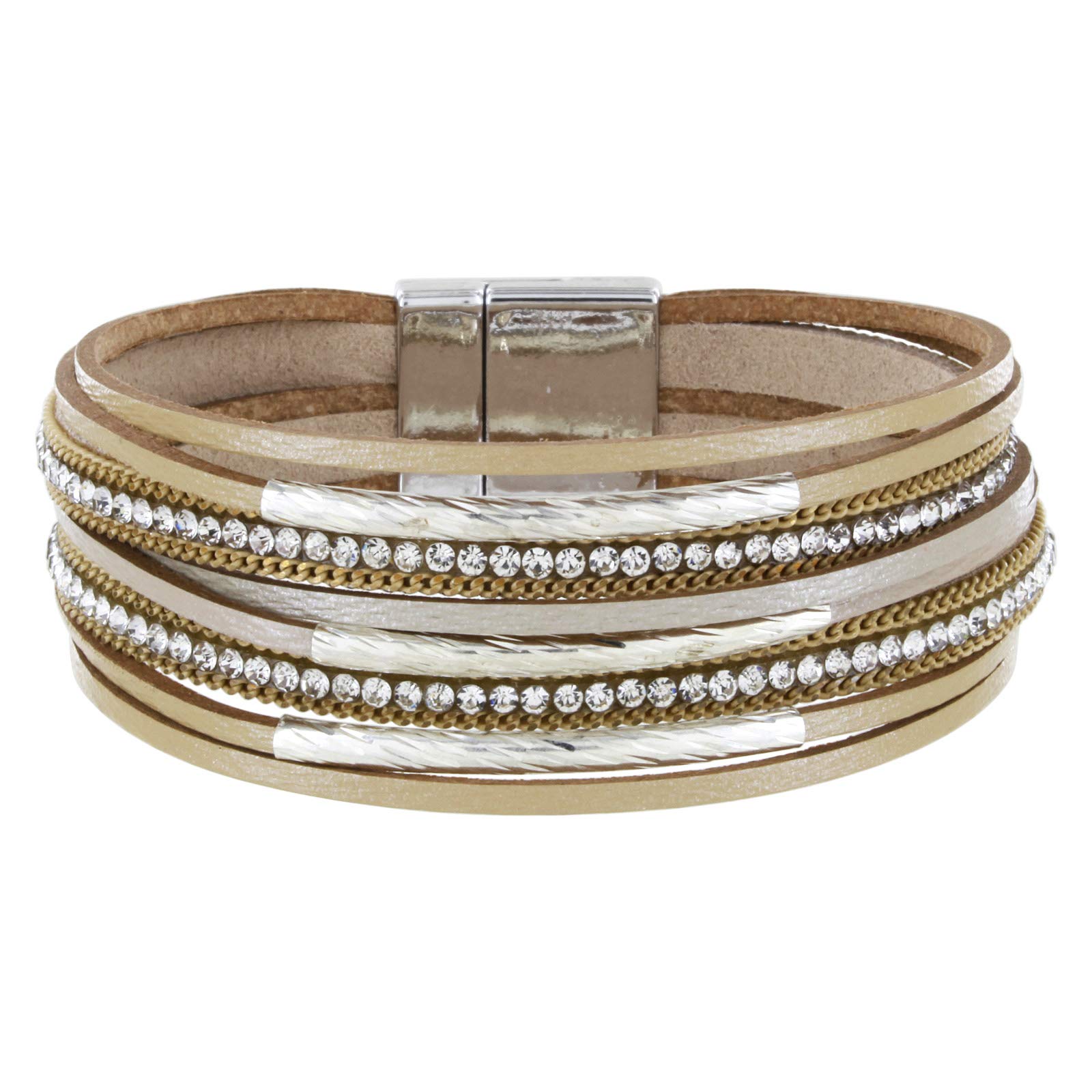 StarAppeal Women's Leather Bracelet with Rhinestones, Chains and Jewellery Elements Magnetic Clasp Silver, 19 centimeters, Leather, Rhinestone