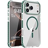 DEERLAMN Strong Magnetic Case for iPhone 17 Pro Max 6.9-Inch,[Compatible with Magsafe][Military Grade Drop Protection] Clear Slim Shockproof Protective Phone Cover-Transparent+Green