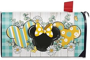 FBCOO Spring Summer Cartoon Mouse Mailbox Cover Magnetic Standard Size 21"x19", Daisy Flower Eucalyptus Leaves Decorative Post Letter Box Wrap Decor, Teal Plaid Farmhouse Garden Outdoor Decoration