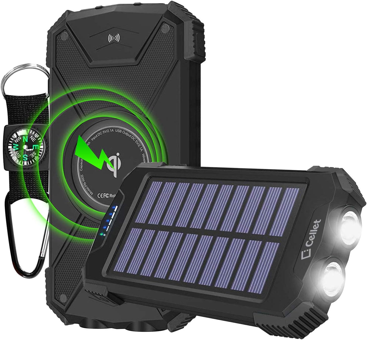 Cellet Heavy Duty Solar Power 10000mAh Power Bank. Waterproof, Dust-proof, Shockproof Battery Pack. All-In-One: Flashlight, Compass, Qi Certified Wireless Charging for iPhone, Android, Tablets (Black)