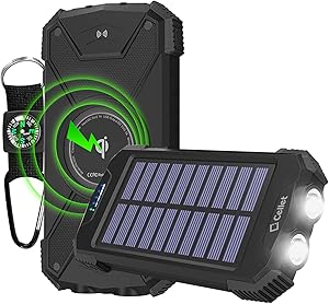 Cellet Heavy Duty Solar Power 10000mAh Power Bank. Waterproof, Dust-proof, Shockproof Battery Pack. All-In-One: Flashlight, Compass, Qi Certified Wireless Charging for iPhone, Android, Tablets (Black)