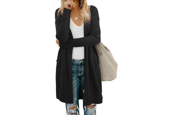 OUGES Women's Open Front Cardigan Shirt with Pockets Long Sleeve Lightweight Coat