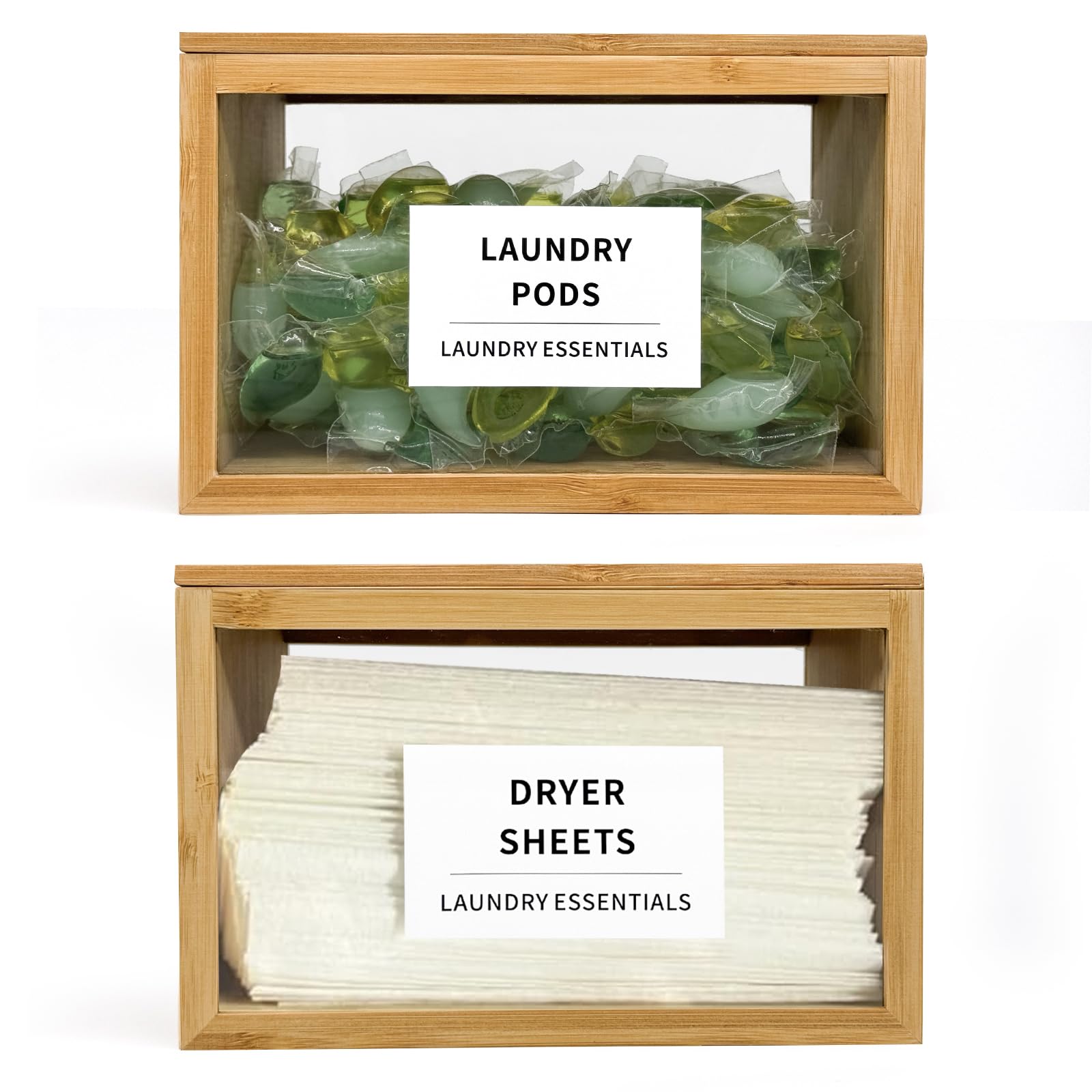 Photo 1 of 2 Pack Laundry Pods Container, Glass and Bamboo Dryer Sheet Holder with Lid and 6 Labels, Powder Detergent Containers for Laundry Room Organization, Laundry Organizer for Scent Booster