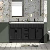 eclife 60" Bathroom Vanities Sink Combo with Painted Surface, Modern Drawered Cabinet W/Decorative Wave Lines, Undermount Double White Sink, Matte Black Faucet Drain, Black
