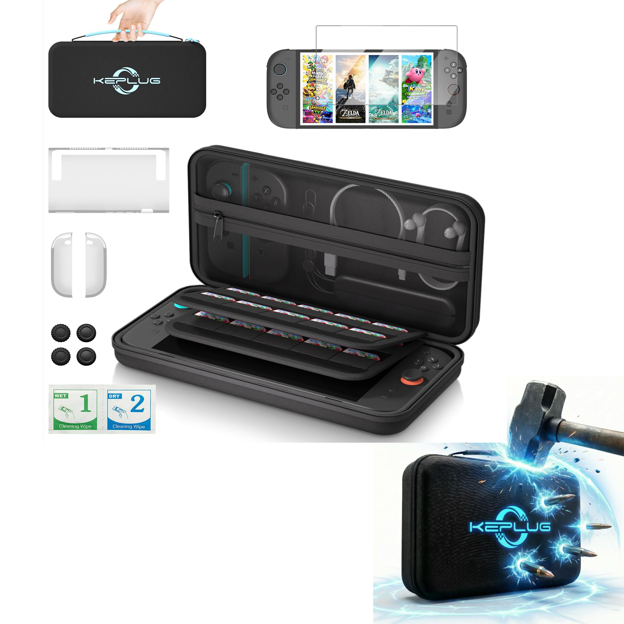 KEPLUG Switch Carrying Case for Nintendo Switch & OLED,Protective Hard Shell Travel Case with Game Card Holder, Accessories Storage & Tempered Glass Screen Protector, Gift for Kids & Family