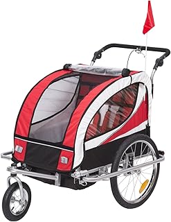 HOMCOM Kinderanhänger 2 in 1 Anhänger Fahrradanhänger Jogger 360° Drehbar für 2 Kinder rot-schwarz