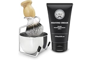 Kikc 5 in 1 Shaving Kit, Shaving Brush Kit for Men,Set Include Synthetic Shave Brush, Stainless Lathering Bowl, Shave Brush Stand, Shaving Cream, Shave Manual, Best Gift for Bearded Man,Silvery Set