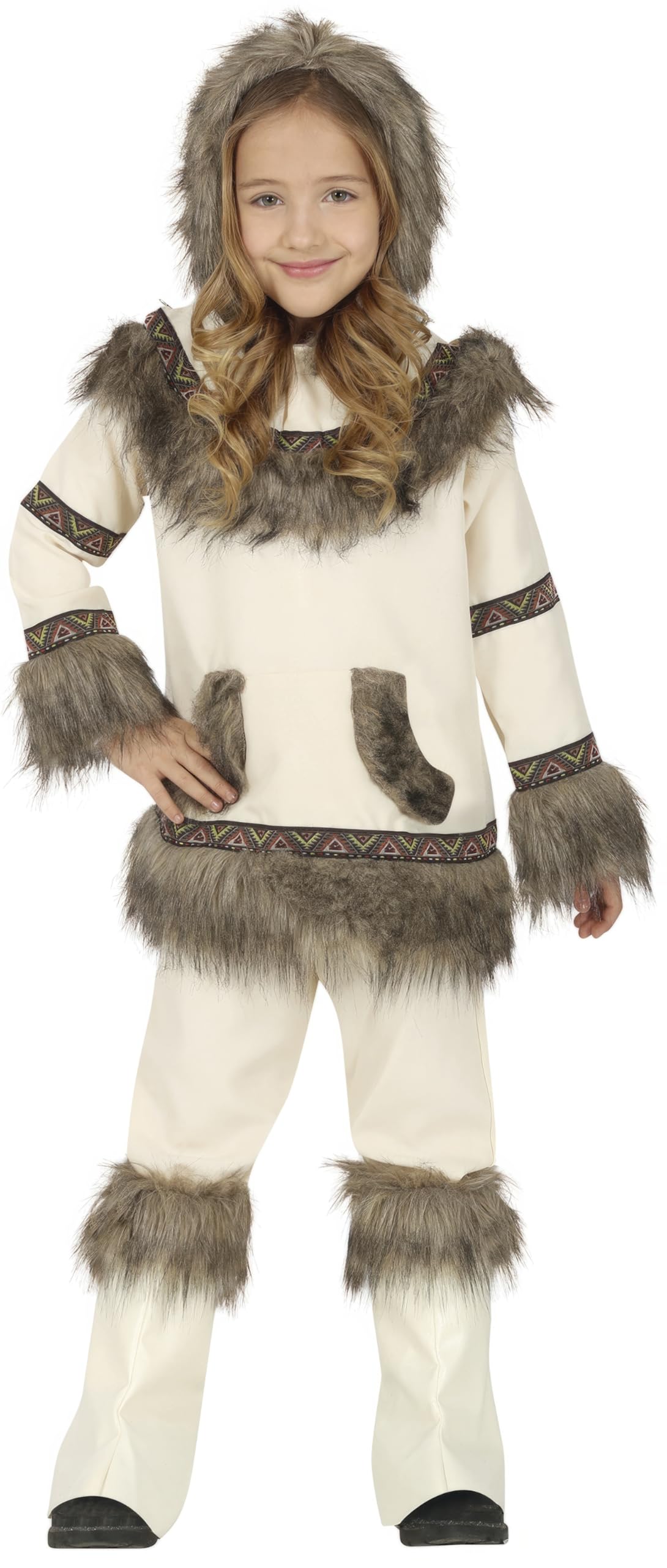 FIESTAS GUIRCA | Eskimo Fancy Dress Costume Children (7-9 Years) - Shirt, Hood and Trousers - World Cultures Costumes for Halloween, Carnival and Fancy Dress Parties - Unisex - Beige and Brown
