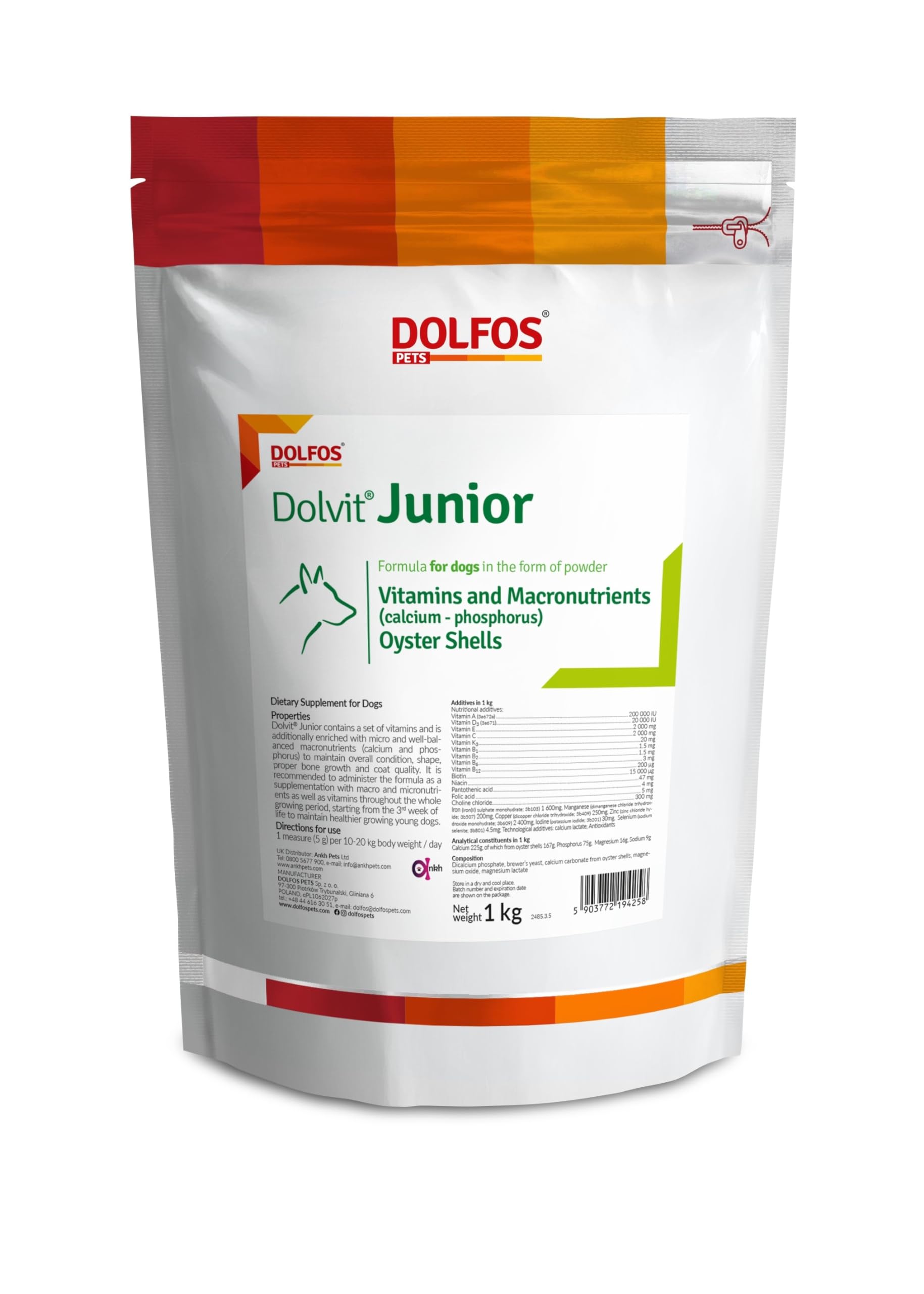 Dolvit Junior 1kg Powder Vitamins Minerals Calcium from Oyster Shells for Junior Dogs