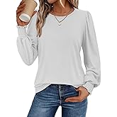 ATHMILE Fall Long Sleeve Shirts for Women Business Casual Crewneck Tops Dressy Blouses with Smocked Cuffs Teacher Outfits