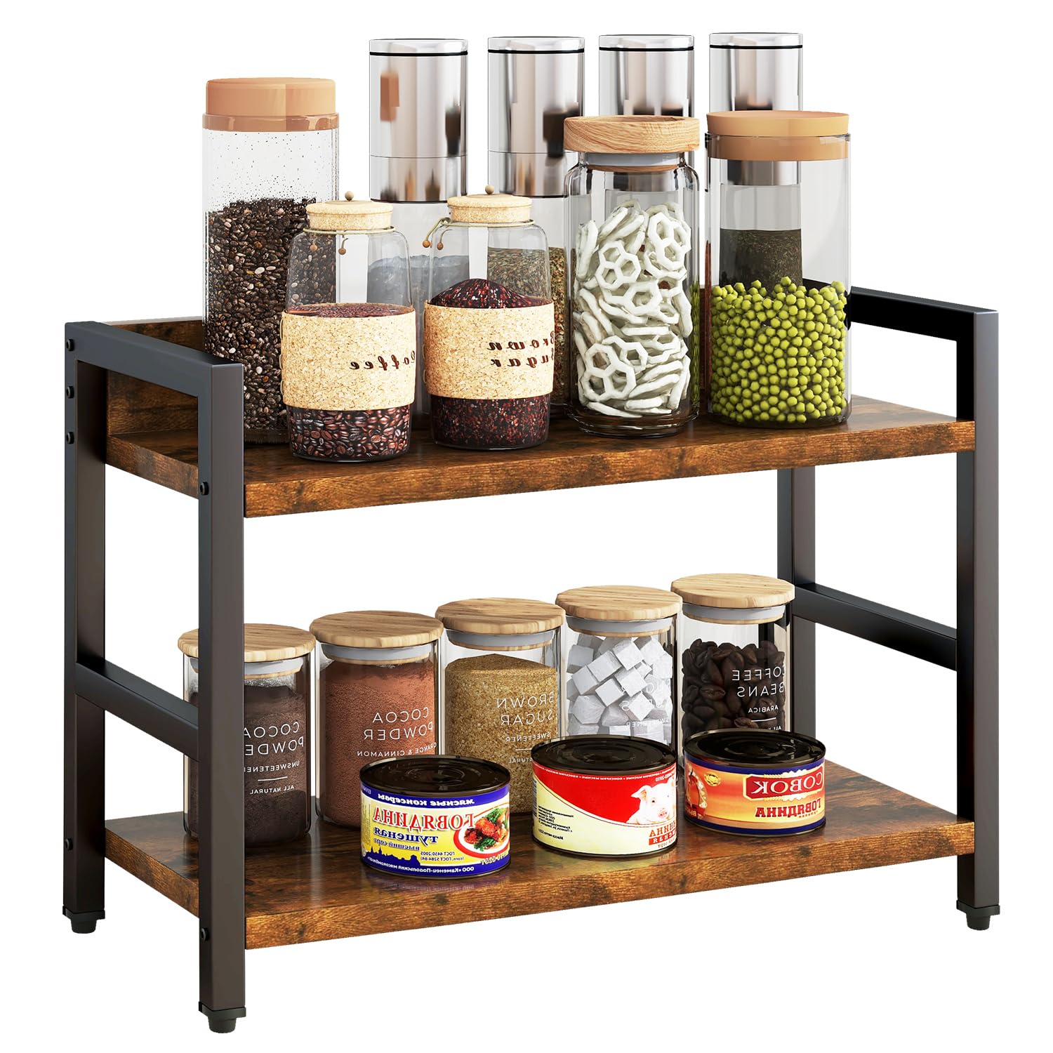 Photo 1 of IBUYKE 2-Tier Spice Rack Industrial Counter Shelf Desktop Storage Organizer Standing Seasoning Rack for Countertop Kitchen Office Living Room Desktop Rustic Brown UTLJ002H