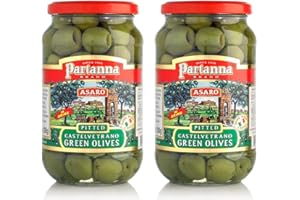 AL AMIN FOODS Partanna Asaro Castelvetrano Pitted Green Olives 2 Glass Jars Net Wt Jar 9 oz each. زيتون أخضر مفرغ بدون نوى
