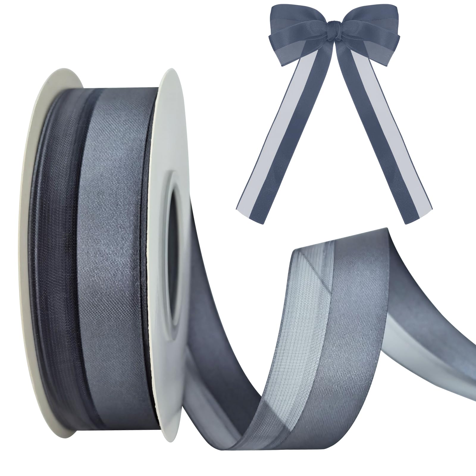 ROSTEEN Ribbons for Crafting - 25mm Organza, Chiffon, Satin Ribbons for Gift Wrapping, Hair, Wedding Car, Cake Decoration (Gray)