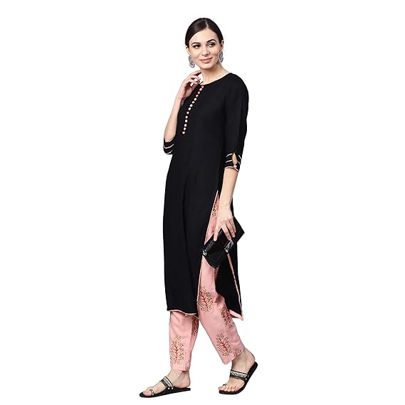 Women's Black Rayon Kurta With Pink Printed Pants