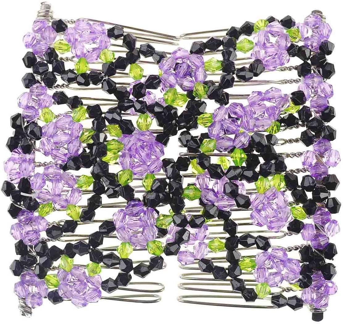 Women Stretchy Magic Beads Woods Double Sturdy Hold Chrome Metal Hair Comb Slide Clips – Comfy Updo, Ponytail, French Twist, Hair Bun