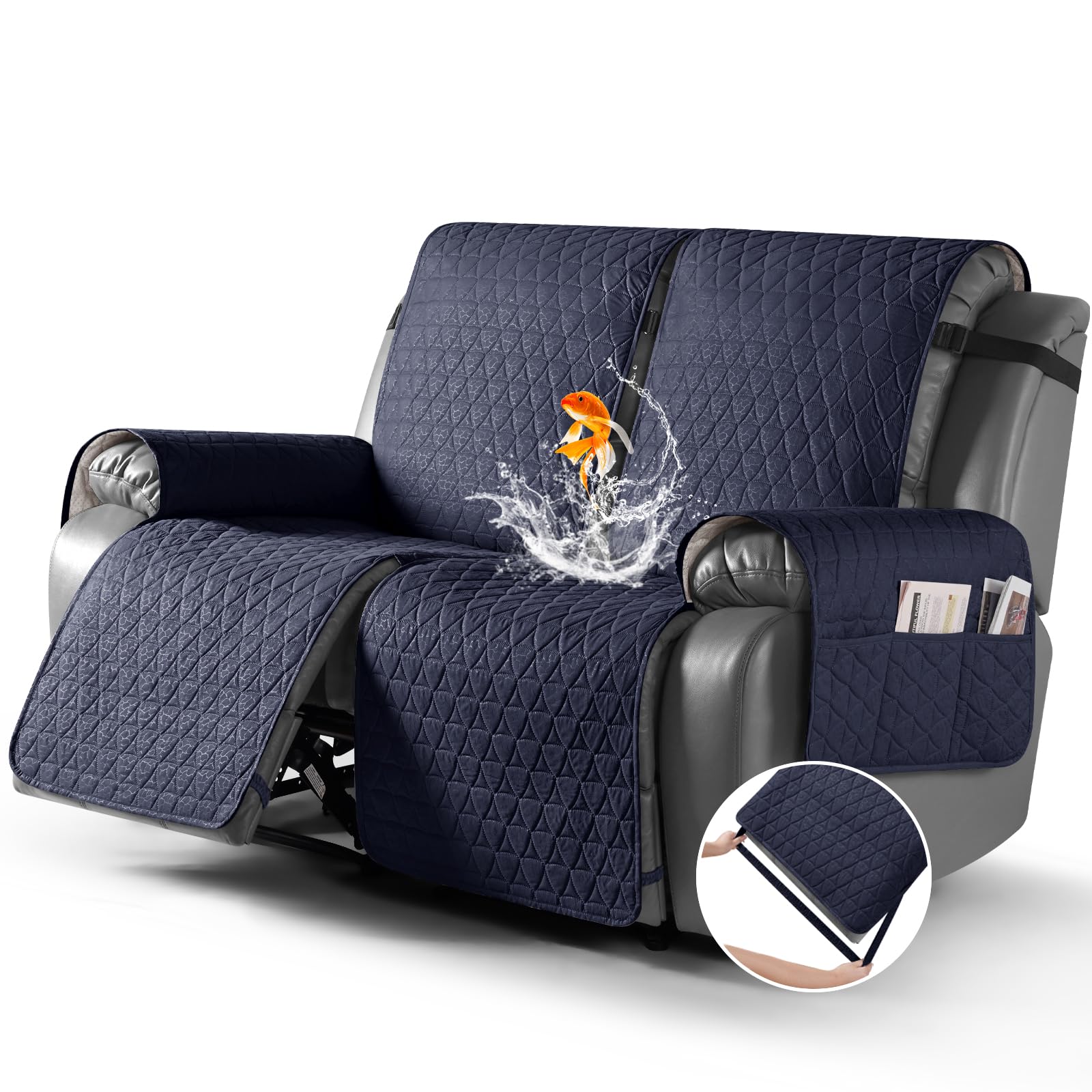 Photo 1 of TAOCOCO 100% Waterproof Recliner Loveseat Cover-Non Slip Split Couch Covers for 2 Seater Reclining Couch with Elastic Leg Straps Washable Pet Friendly (Dark Blue, 2 Seater)