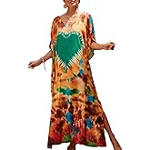 Chunoy Women Casual V Neck Kaftan Dress Kimono Sleeve Bathing Suit Beach Cover Up Caftan Side Split Dresses