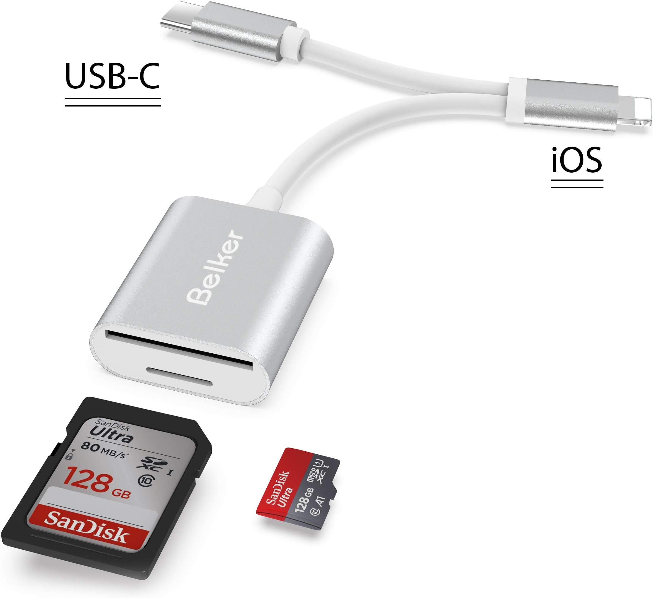 USB C to SD Card Reader Belkertech 2 in 1 Type C & iPhone Digital Camera SD/TF Card Reader Adapter Compatible with MacBook/iPad/iPad Pro 2018, iPhone X/XR/7/8 Plus- Silver