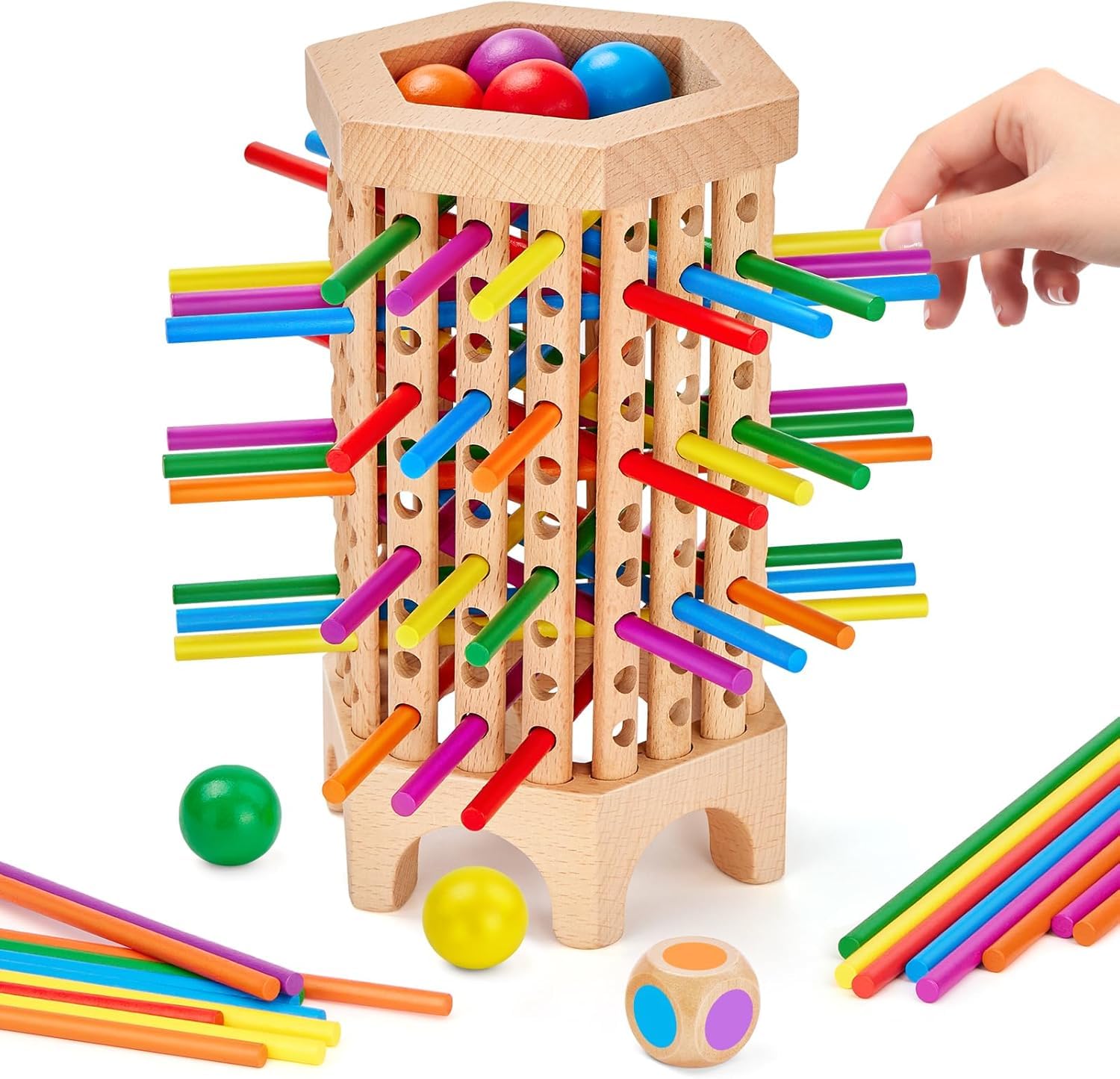 Monwoo Montessori Game Wooden Board Games, Colorful Sticks Game with Dice & Balls, Fine Motor Skills Toys for 3 4 5 6 Year Old, Family Travel Games for 3 4 Year Olds Educational Gifts for Kids