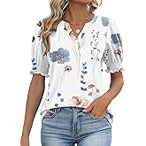 Rapbin Women's Puff Short Sleeve T Shirts V Neck Summer Tops Casual Fashion Blouses