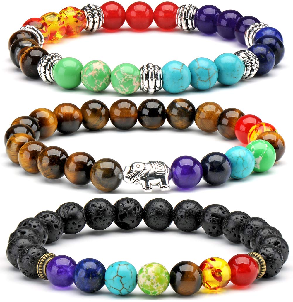 Senlinmu 3 x Semi-precious Tiger Eye Stones Bracelet 7 Chakra Reiki Energy Balance Bracelets Charms for Women and Men gift