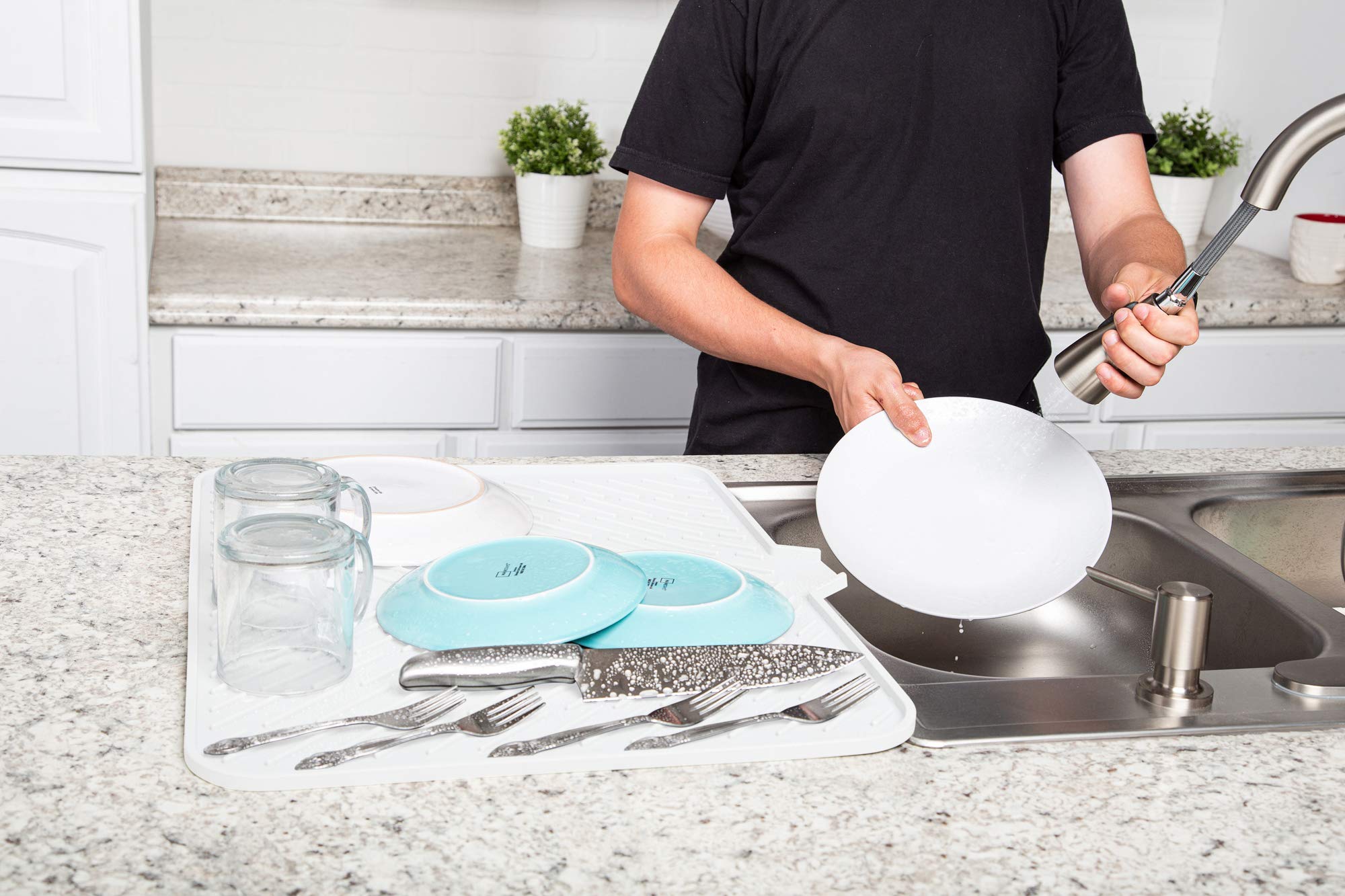 Luxet Silicone Dish Drying Mat with Built-in Drain Lip - Hygienic Drying Pad - Sturdy Compact Easy to Clean Tray Protects Surfaces Prevents Water Build Up - 23 X 17 (Grey)