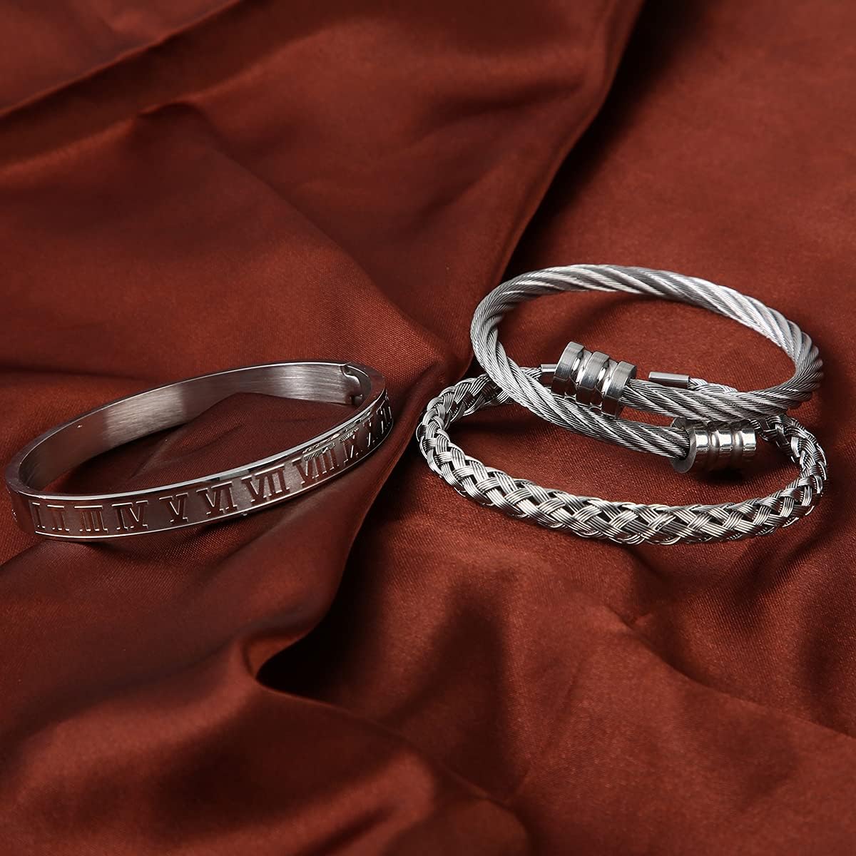 WFYOU 3PCS Stainless Steel Bracelets for Men Gold Roman Numeral Bangle Bracelet Twisted Cable Bracelet Adjustable Cuff Bracelet Mens Luxury Jewelry Bracelets Gifts: Clothing