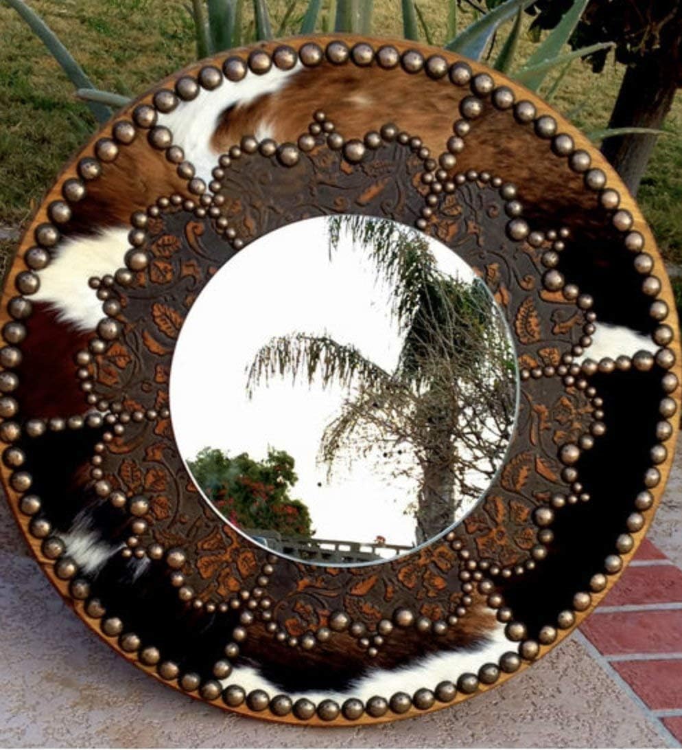 Fancy Western Round Mirror Cowhide & Embossed Leather PICK SIZE