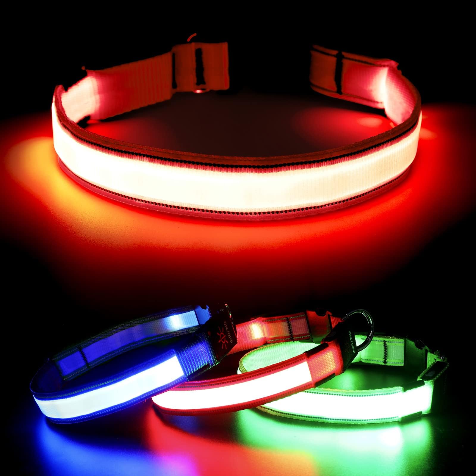 Visinite LED Dog Collar USB Rechargeable, Reflective Light Up Pet Collar for Night Walking, Adjustable Glow Collar for Small Medium Large Dogs (Red, L)