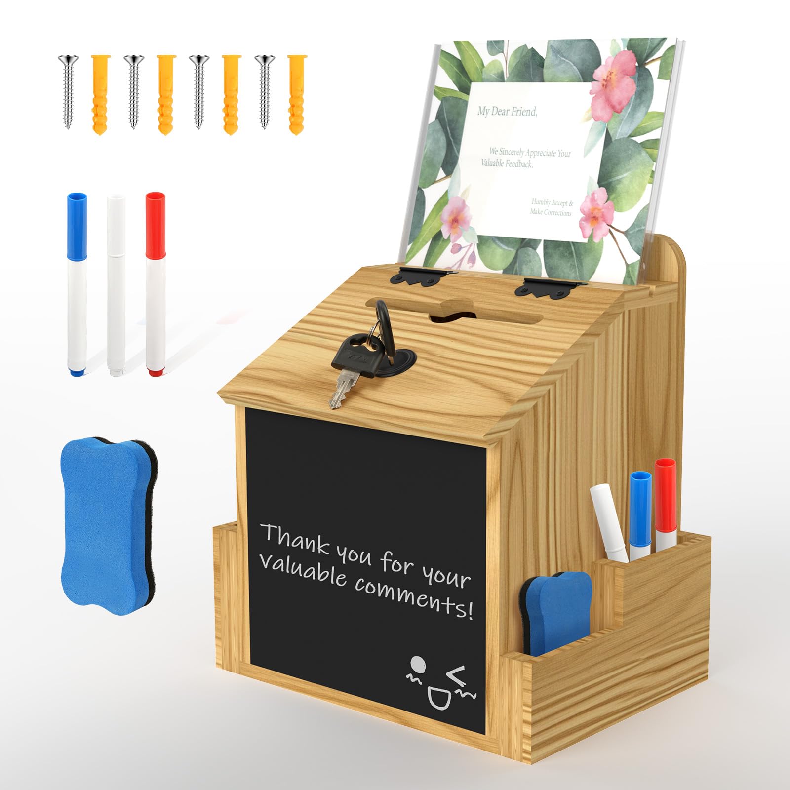 Photo 1 of Skdtazrz Wooden Suggestion Box, Tip Money Donation Box for Savings Fundraising with Acrylic Sign Holder, Tabletop & Wall Mounted Prayer Box, Office Comment Ballot Box with Eraser and Pens