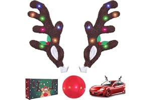 ROSE ME Reindeer Antlers for Cars - Car Reindeer Antlers & Nose with LED Light, Light Up Antlers with Ears for Christmas, Red Nose Rudolph Christmas Decorations, 3 Lighting Modes for SUV Van Truck