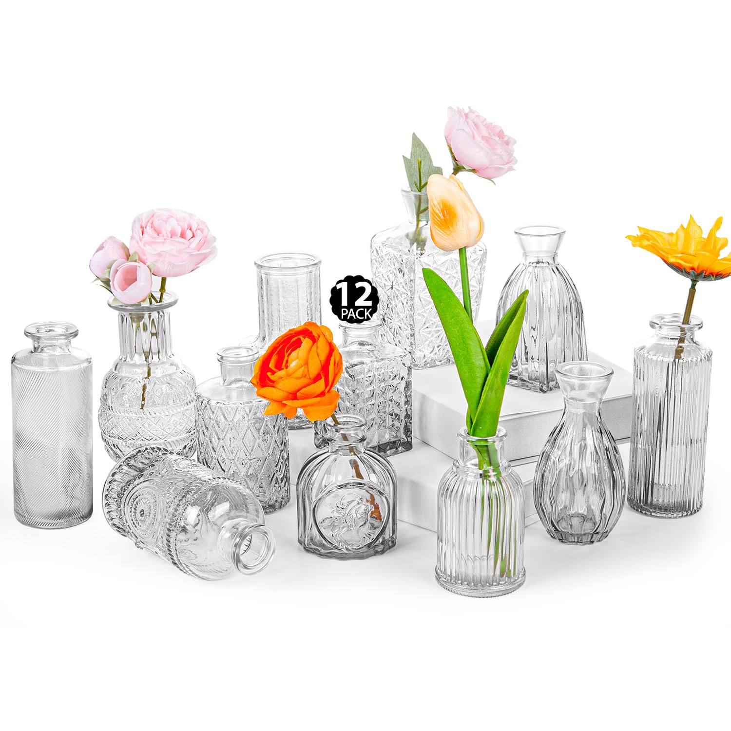 Photo 1 of TCooSo Glass Bud Vase Set of 12, Clear Bud Vases in Bulk, Small Flower Vases for Table Centerpieces, Mini Vintage Vases for Rustic Wedding Party, Bridal Shower, Home Decoration (12 Pack)