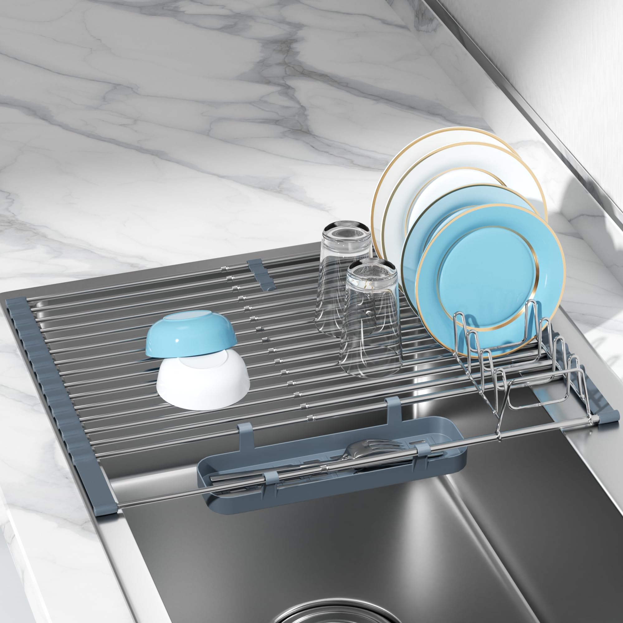 LIONONLY Expandable Roll Up Dish Drying Rack, 304 Stainless Steel Over ...
