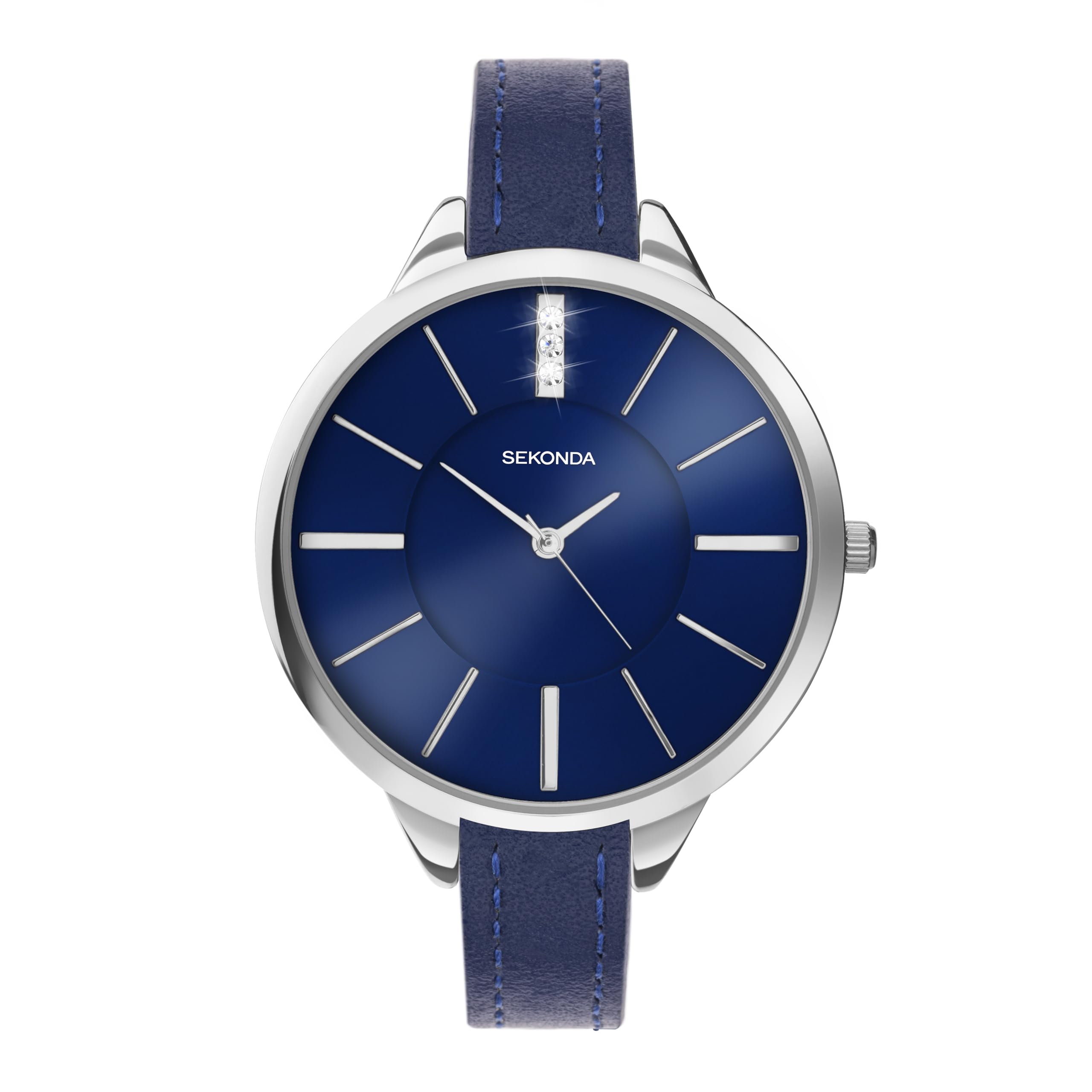 Sekonda Ada Womens Watch – Quartz 39mm Ladies Watch with Stone Set Sunray Dial, Silver-Tone Case and Blue Leather Strap – 2 Year Warranty