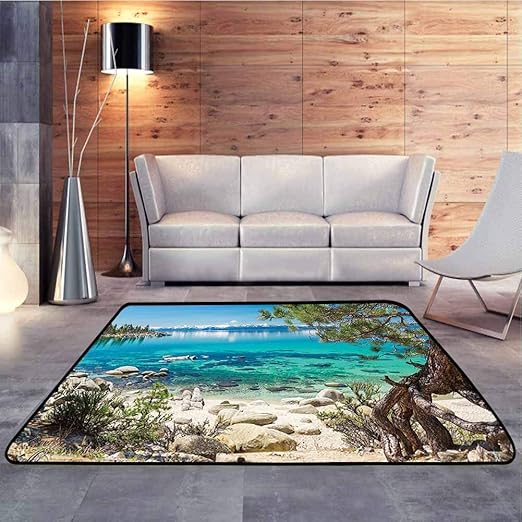Modern Indoor Rugs Lake Tahoe Snowy Mountain Reflection on