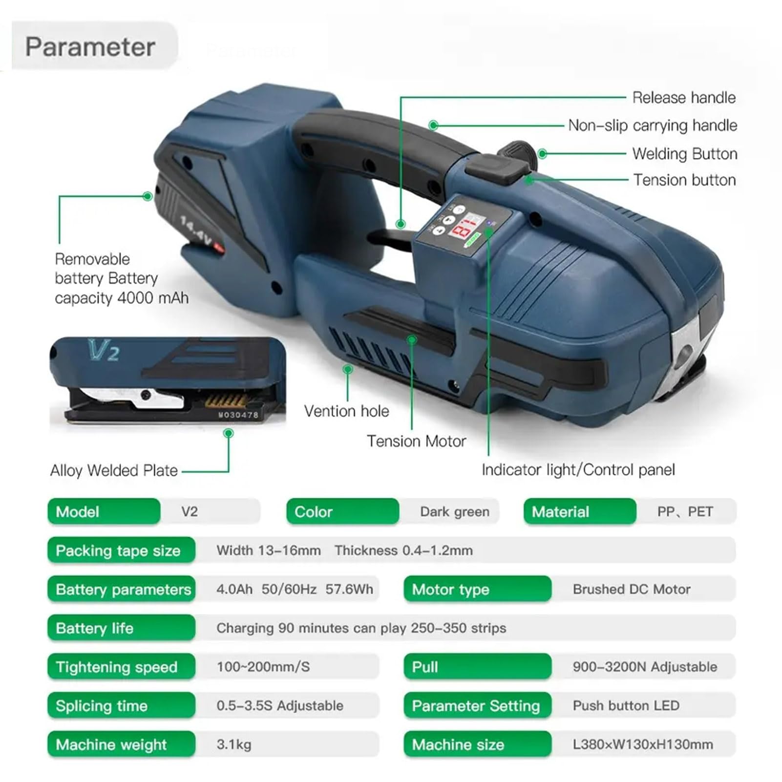 Electric Strapping Machine 2×4000mah Battery Powered Strapping Tool, V2