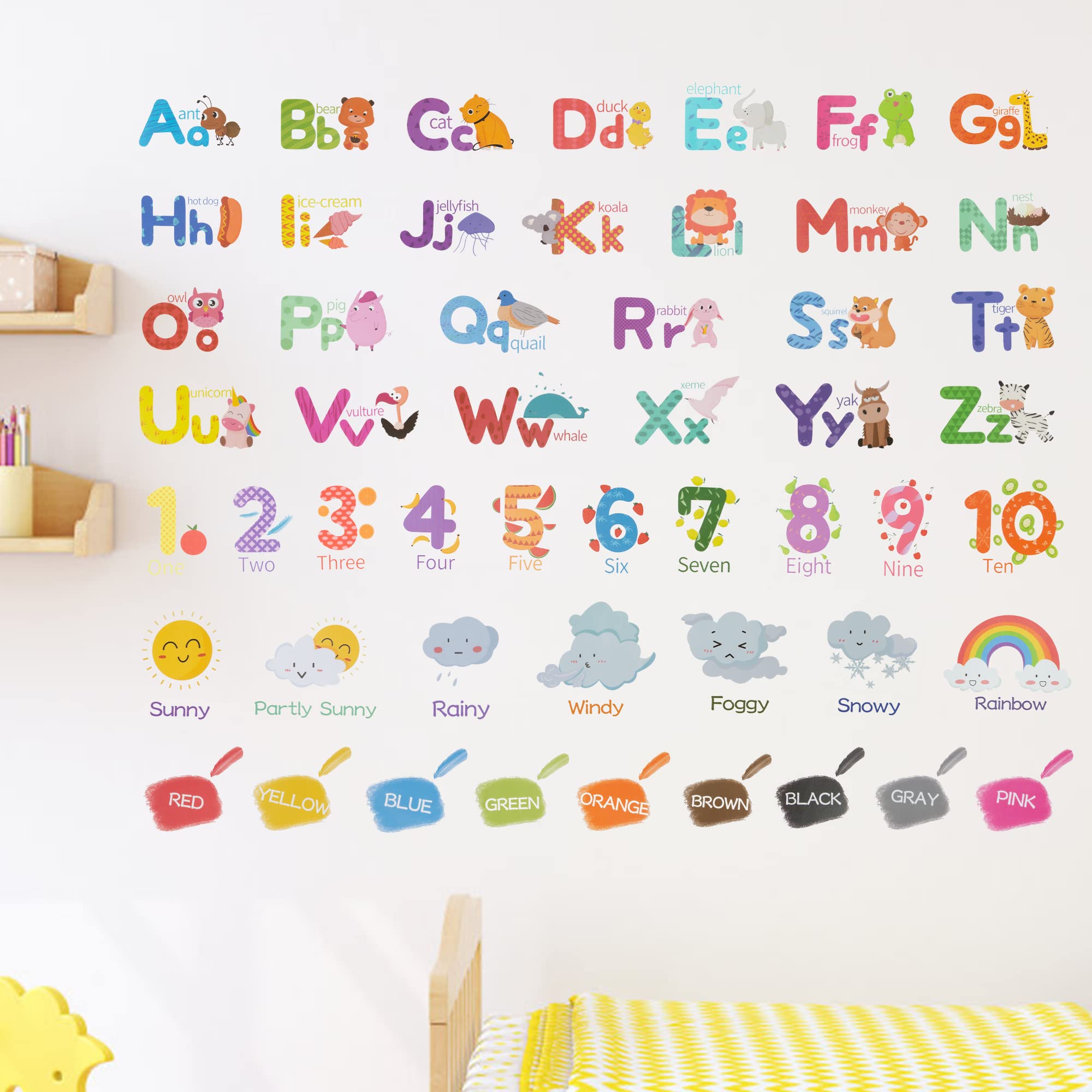 Leaning Alphabet Numbers Color Wall Stickers Removable Educational ABC Stickers Cartoon Decorations with 26 Letters 10 Numbers 9 Weathers 9 Colors Peel and Stick for Kids Boys Girls 9 Sheets