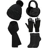 5 Pcs Womens Hat Scarf Gloves Set Winter Beanies Ear Muffs Touch Screen Gloves Knit Fuzzy Fleece Skull Cap Gifts