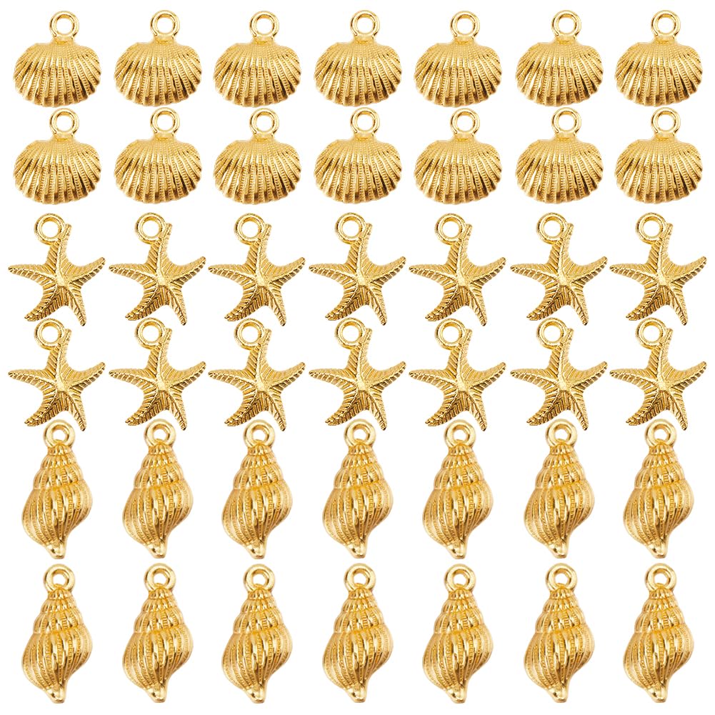 SUNNYCLUE 1 Box 60Pcs 3 Styles Ocean Themed Charms Gold Summer Charm Bulk Metal Alloy Sea Beach Shell Conch Starfish Charm for Jewellery Making Charms Bracelet Necklace Earring DIY Crafts Accessories