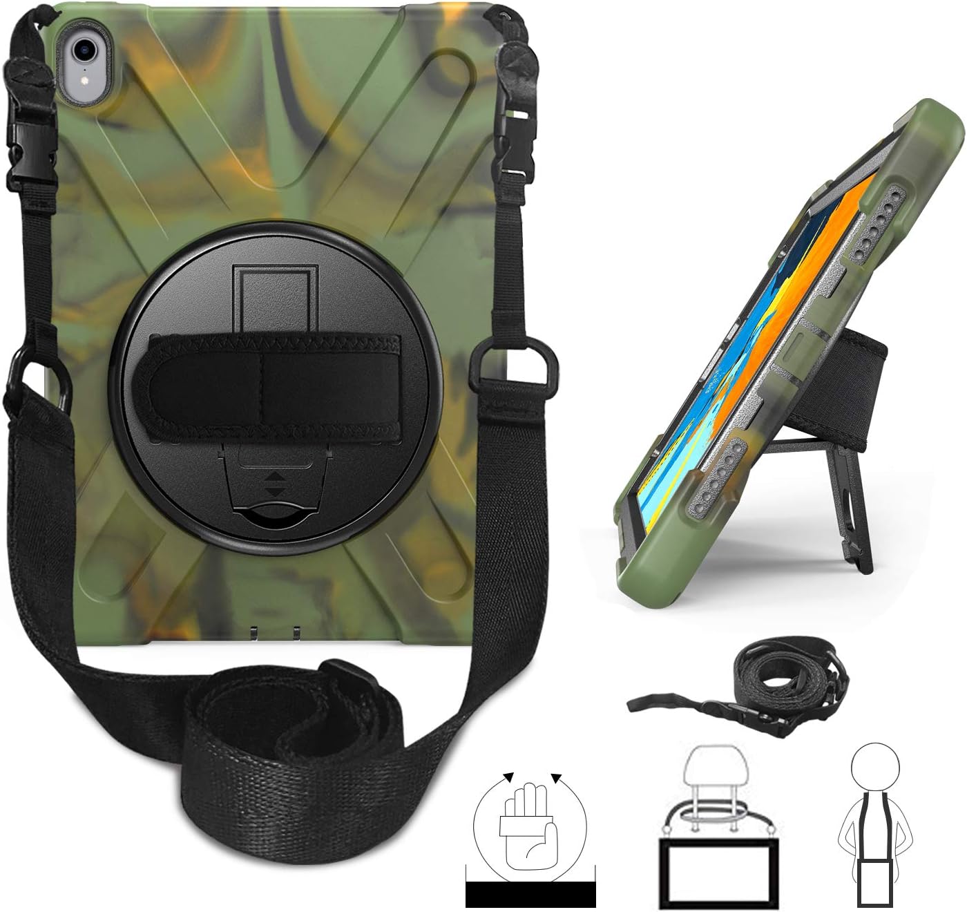 TianTa iPad Pro 11" 2018 Case, Hybrid Three Layer Heavy Duty Protective Case with Hand Belt, Shoulder Belt & 360 Rotating Kickstand for Apple iPad Pro 11 Inch 2018 Release - Camouflage